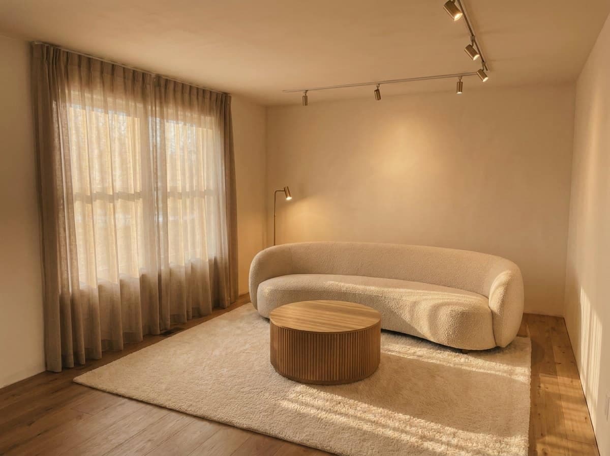 Rendered warm minimalist living room in golden-hour light