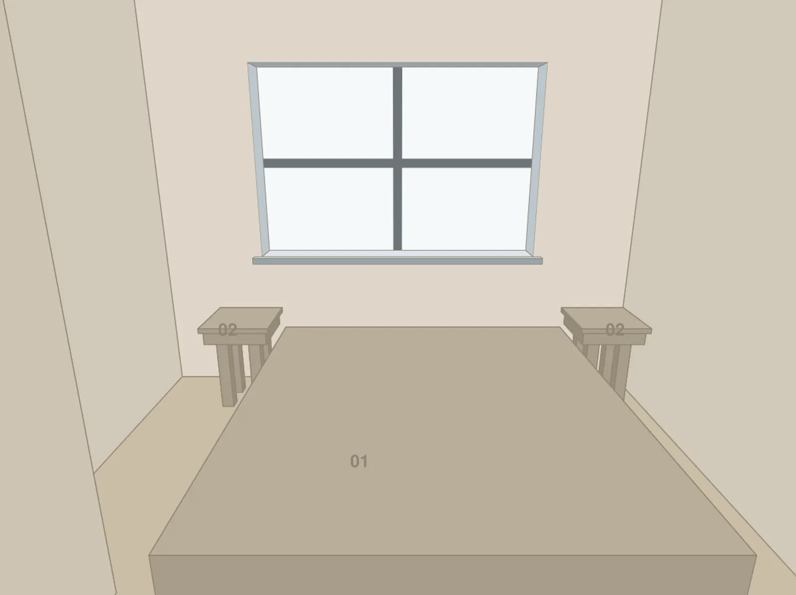 The second bedroom's live view in plain blocks: a bed block centered under the window, with a bedside table block on each side
