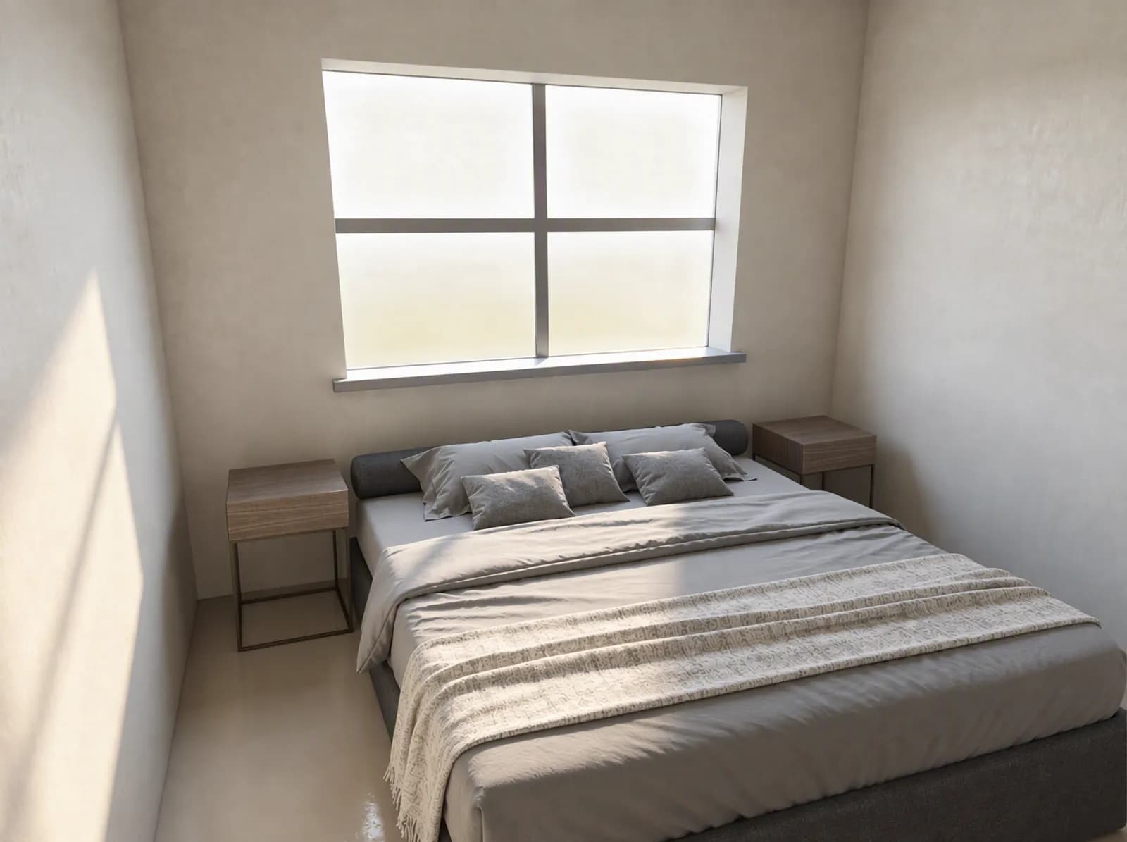 The bedroom rendered: a grey upholstered bed with linen bedding between two wood bedside tables, below a bright window
