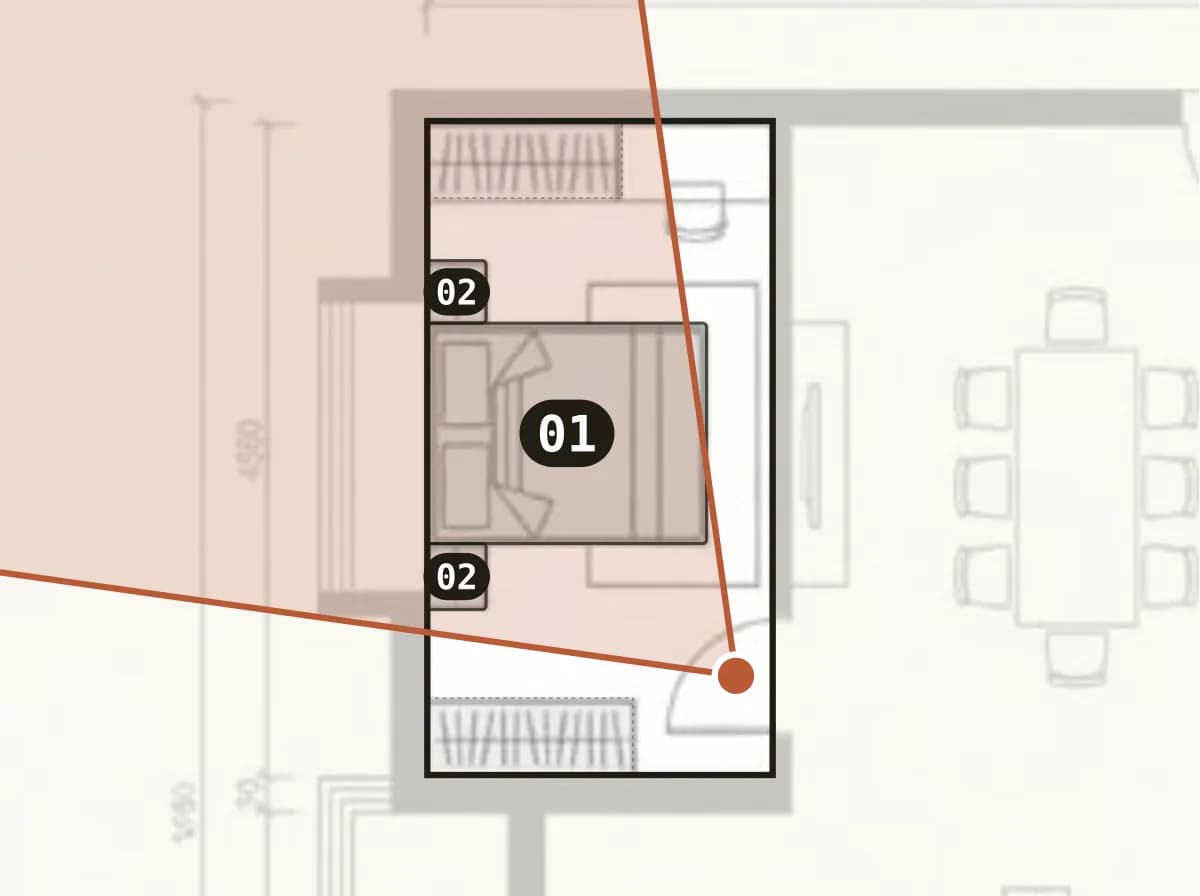 Floor plan C with the room outlined, each placed piece numbered, and the camera with its field of view