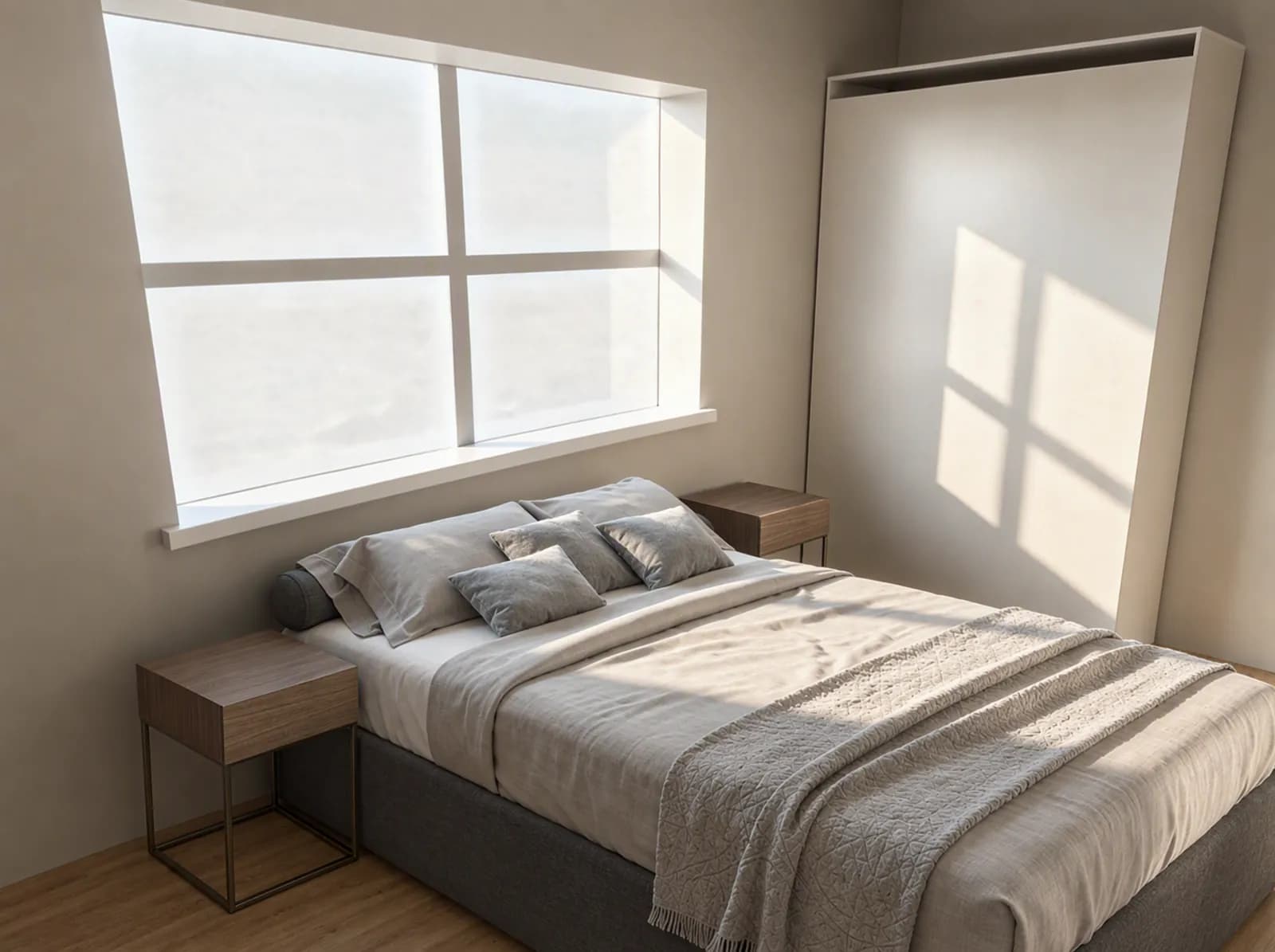 The bedroom rendered: a grey bed and two wood bedside tables below a wide, bright window, with white built-in storage on the right
