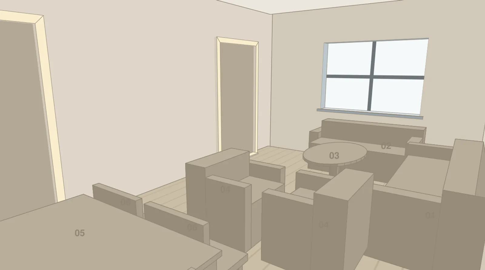 The open-plan room's live view in plain blocks: a dining table and two chairs in front, two armchairs, a round table and two sofas behind