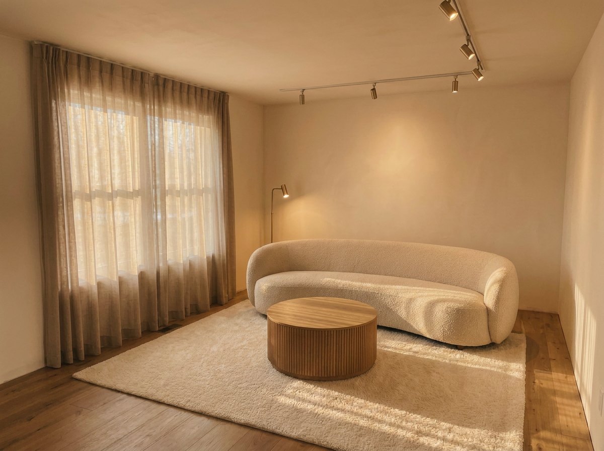 Rendered warm minimalist living room in golden-hour light